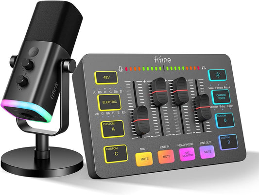 FIFINE XLR AM8 + SC3 Streaming Microfoon en Gaming Audio Mixer, USB Dynamische Microphone Gaming PC voor Podcast Studio, Streaming RGB PC Mixer met XLR Microfoon-Interface