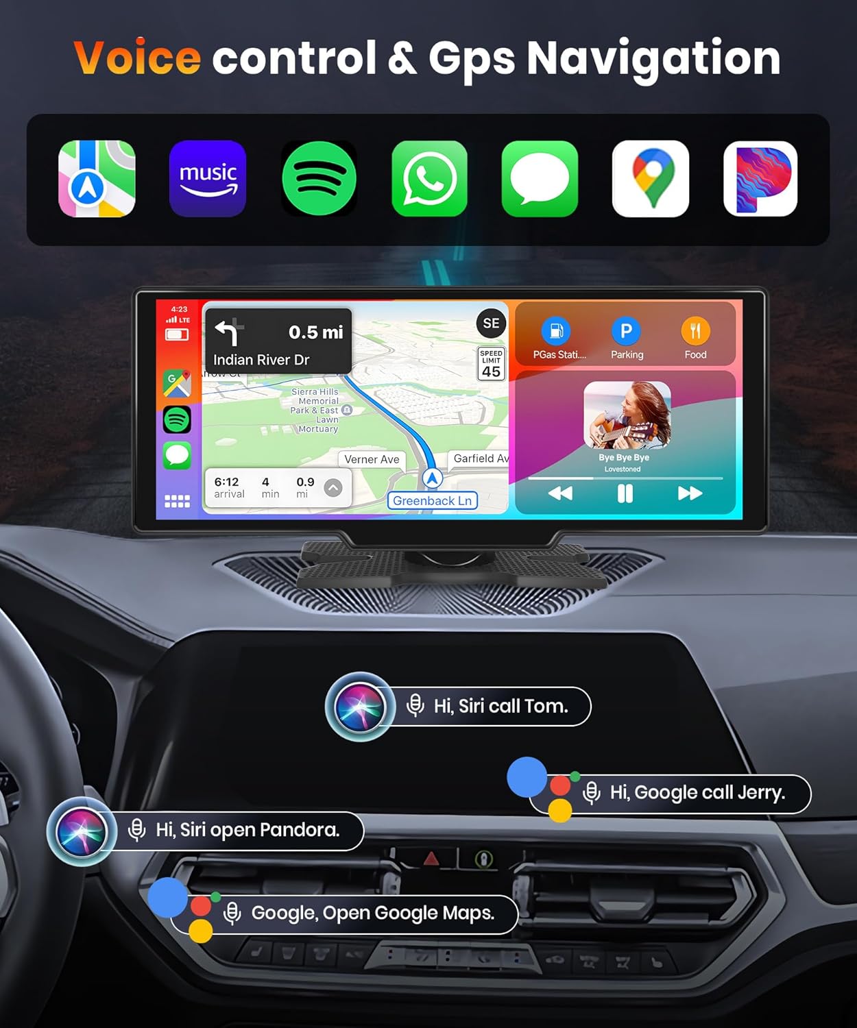Podofo 10.26''draagbare autoradio touchscreen draadloos Carplay Android Auto Bluetooth/FM-zender/AUX Spraakassistent met achteruitrijcamera DC 7-32v