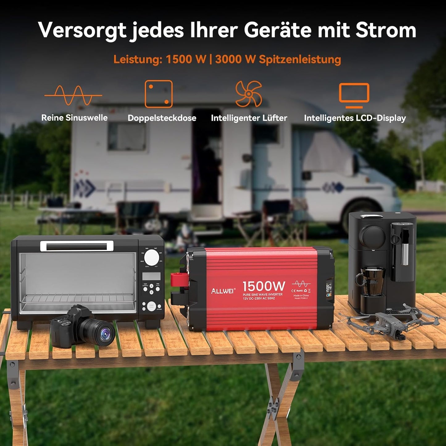 ALLWEI 1500 W zuivere sinus omvormer, 12 V naar 230 V, spanningsomvormer voor thuis, camper, vrachtwagen, netonafhankelijke zonne-installaties, omvormer, inverter 12 V 220 V, piekvermogen 3000 W
