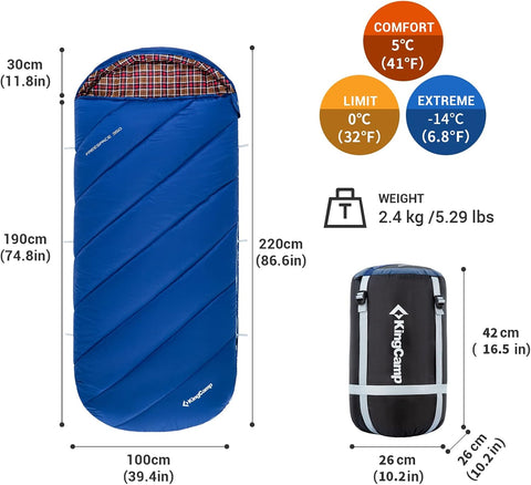 KingCamp Slaapzak XL 3-4 Seizoenen Katoen Flanel 220 x 100 cm Extra Groot voor Volwassenen Extreem -8 °C Compact Draagbaar Comfortabel Professioneel Warm voor Kamperen Wandelen Buiten Binnen