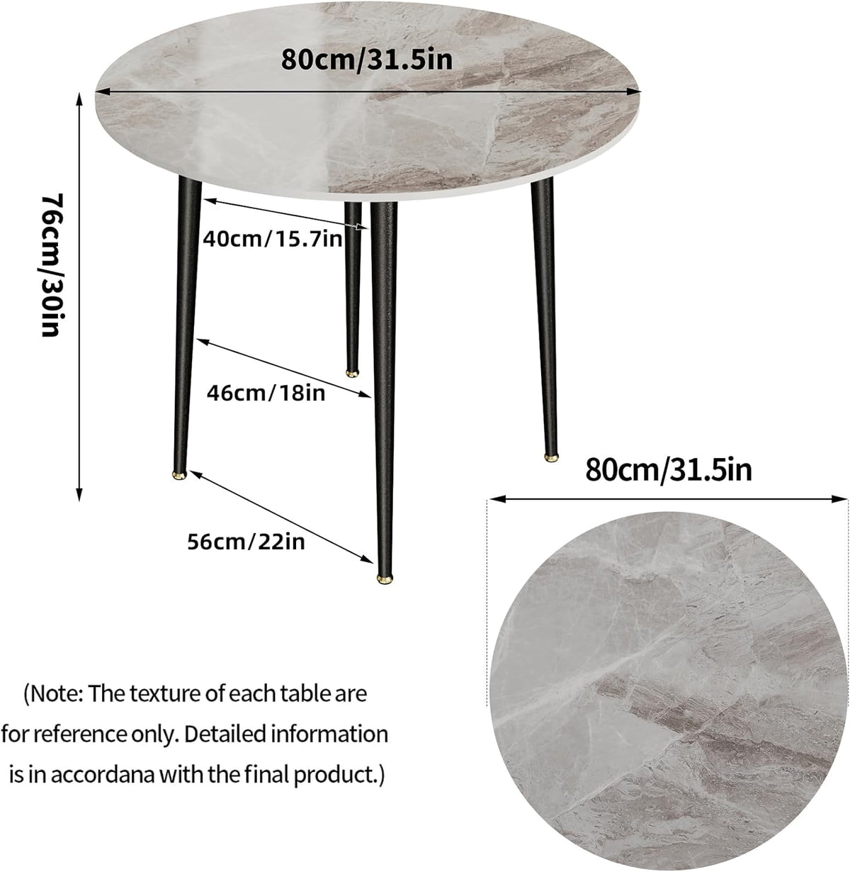 FATIVO Eettafel ronde eetkamertafel, marmer, 80 cm, ronde tafel, kleine keukentafel, voor 2 personen, hoogglans, eettafel, Scandinavische tafels voor eetkamer, restaurant, metaal, tafelpoten, grijs