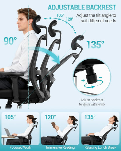 Hzuaneri Ergonomic Office Chair, Computer Chair, Gaming Chair, Mesh Chair, Adjustable Lumbar Support and Headrest, Maximum Load Capacity r150kg, Height Adjustable, Black ON00199B