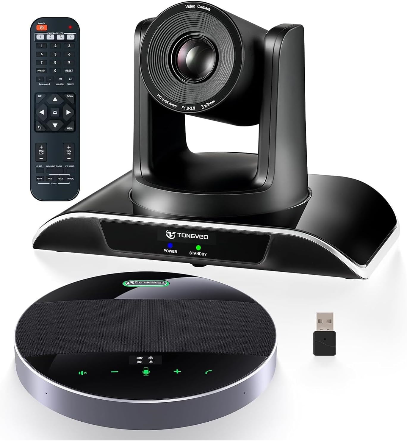 TONGVEO All-in-1 conferentiekamercamera en bluetooth-microfooncombinatie, 1080p 60 fps, 3 x optische zoom, USB 3.0 HDMI, PTZ-camera en handsfree-installatie voor conferenties met microfoons