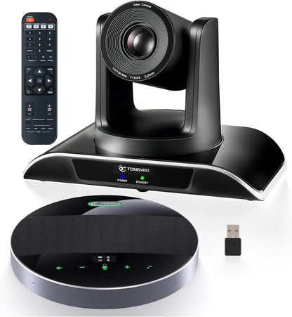 TONGVEO All-in-1 conferentiekamercamera en bluetooth-microfooncombinatie, 1080p 60 fps, 3 x optische zoom, USB 3.0 HDMI, PTZ-camera en handsfree-installatie voor conferenties met microfoons
