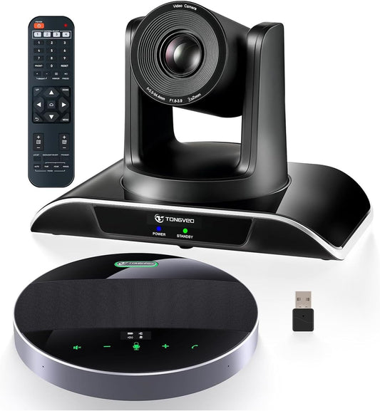TONGVEO All-in-1 conferentiekamercamera en bluetooth-microfooncombinatie, 1080p 60 fps, 3 x optische zoom, USB 3.0 HDMI, PTZ-camera en handsfree-installatie voor conferenties met microfoons