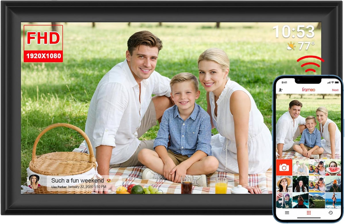 Frameo Digitale fotolijst, 32 GB, 32 GB, wifi, 32 GB, touchscreen, auto-rotatie, wandmontage, foto's/video's direct delen via FRAMEO app