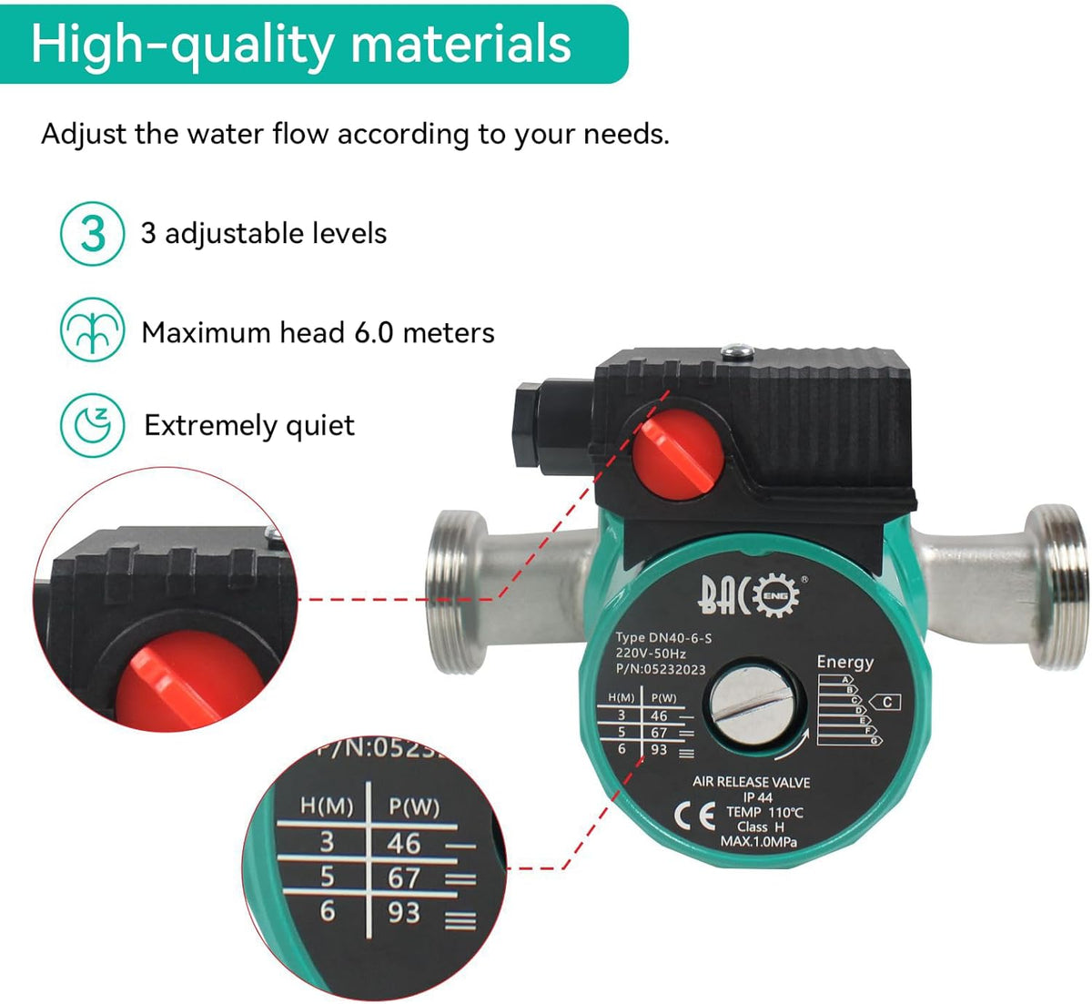 BACOENG Verwarmingspomp, circulatiepomp RS 25-6/180 mm circulatiepomp voor centrale verwarming, 220 V/50 Hz, materiaal roestvrij staal