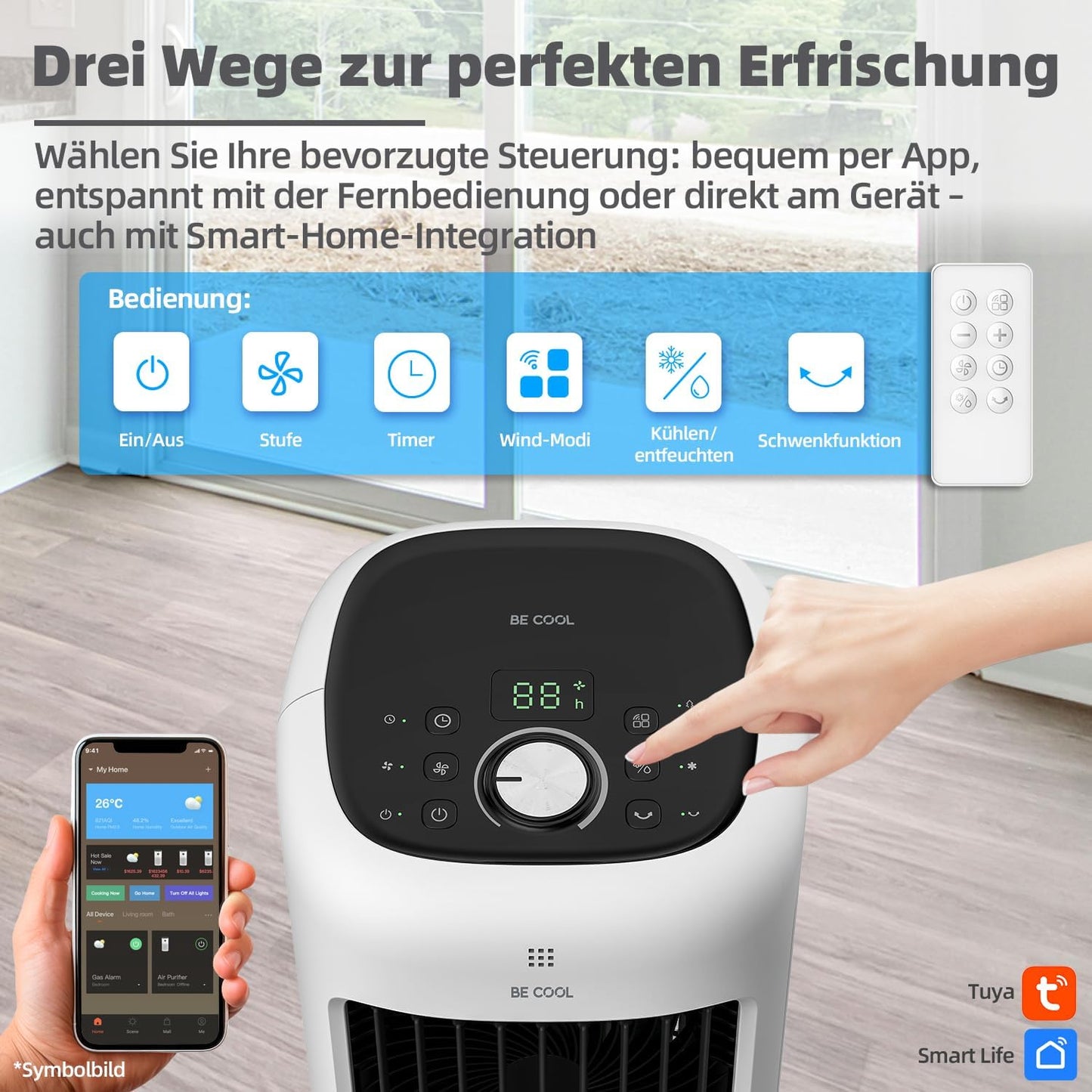 BE COOL Premium torenluchtkoeler met waterreservoir van 10 liter en wifi, 38 W, 24 snelheden, 3 windmodi, 12,5 m luchtstroombereik, led-display, afstandsbediening, timer, droogluchtfunctie