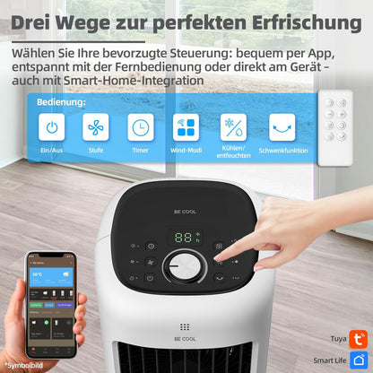 BE COOL Premium torenluchtkoeler met waterreservoir van 10 liter en wifi, 38 W, 24 snelheden, 3 windmodi, 12,5 m luchtstroombereik, led-display, afstandsbediening, timer, droogluchtfunctie