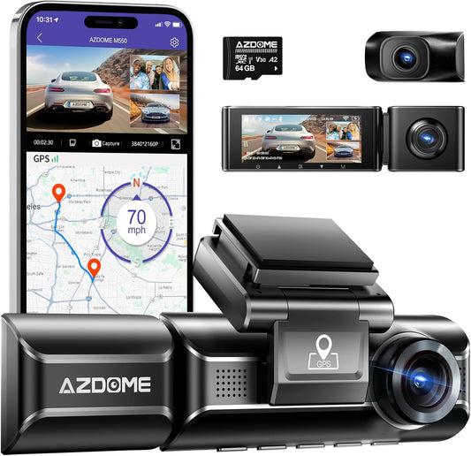 AZDOME M550 Dashcam voor auto, voor en achter, 4K/2,5K met GPS en WiFi, 64GB kaart, 3 dashcams, 3,19 inch IPS-scherm, nachtzicht, loop-opname, 170 graden