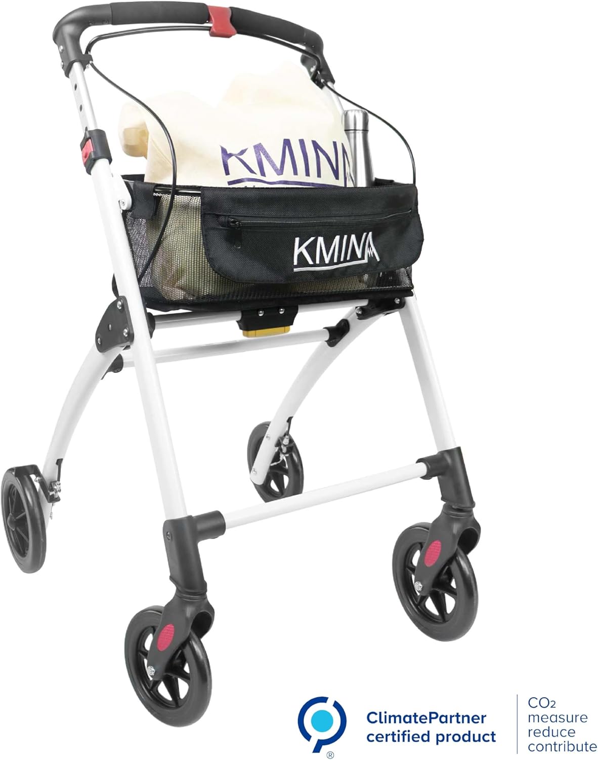 KMINA KMINA Pro Rollator, 4-wielig, opvouwbaar, licht, voor volwassenen, binnen en buiten, hoge mand, smal in hoogte, zwart