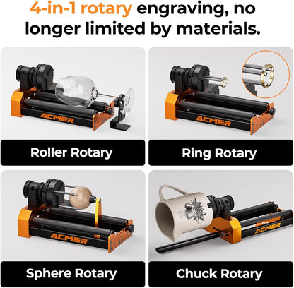 ACMER M4 laser roterende rollaser roterende roller lasergravure Y-as roterende rol 360° met 3-150 mm graveerruimte voor cilindrische objecten en ringen geschikt voor hv en de meeste