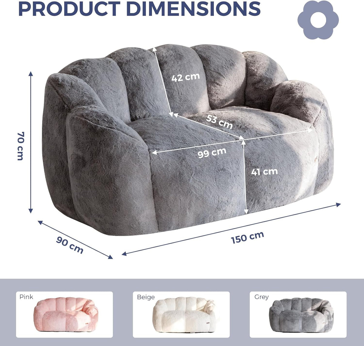 MAXYOYO Bean Bag, Flower Shaped 2 Seater Sofa with Filling, Soft Faux Fur Floor Sofa, Loveseat for Living Room/Bedroom