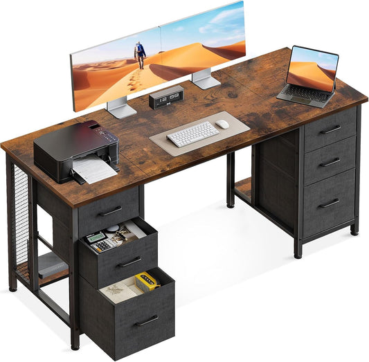 Coleshome Bureau met 6 lades, 160x52 cm Bureau met opslagruimte, Computerbureau met Planken voor Thuiskantoor, Bruin