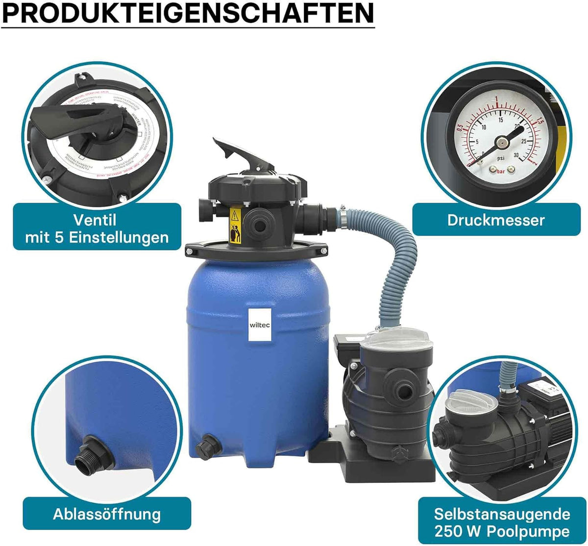 Wiltec zandfiltersysteem 250 W met 14 liter filtertank en zelfaanzuiging 10.000 l/h poolpomp