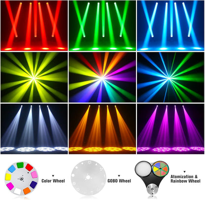 200W Moving Head RGBW LED Beam Stage Light, Electronic Focus 14 Gobo Dmx512 Party Light 18 Prisms 360° Rotatable Rainbow Effect for Christmas DJ Disco Bar Wedding