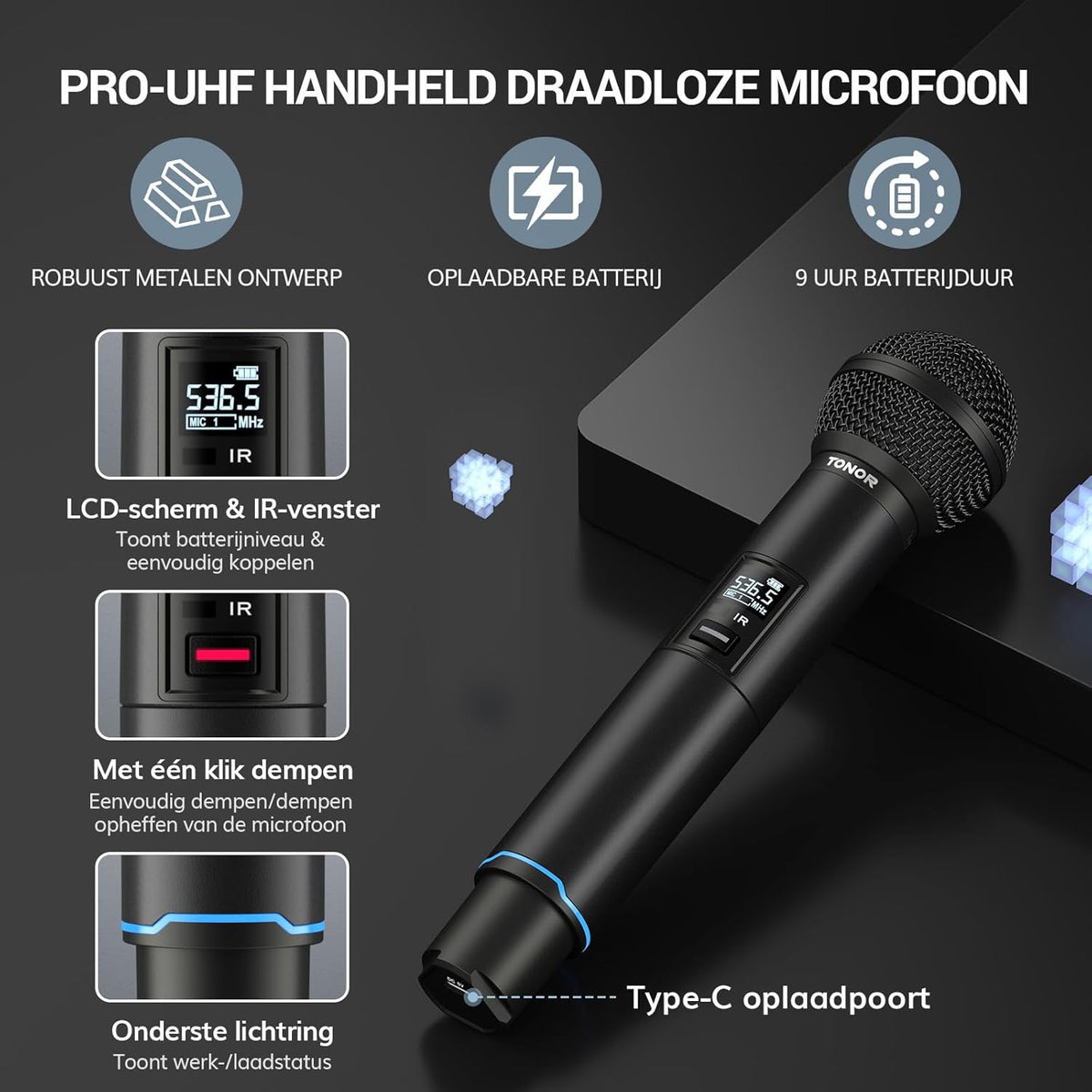 Draadloos microfoonsysteem – Draadloze microfoon, microfoonset, karaoke microfoon, set van 2 – Auto-Scan & IR-Koppeling – Bereik Tot 100 Meter