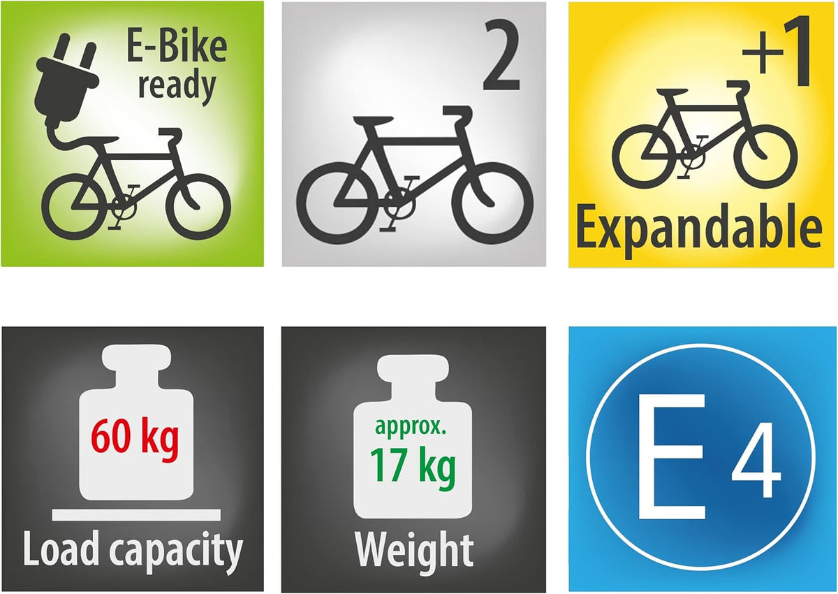 EUFAB 11510 JAKE Bicycle Rack for E-Bikes, Partly Pre-Assembled, Expandable, Anti-Theft Protection, for 2 Bikes, Towbar - QUORE