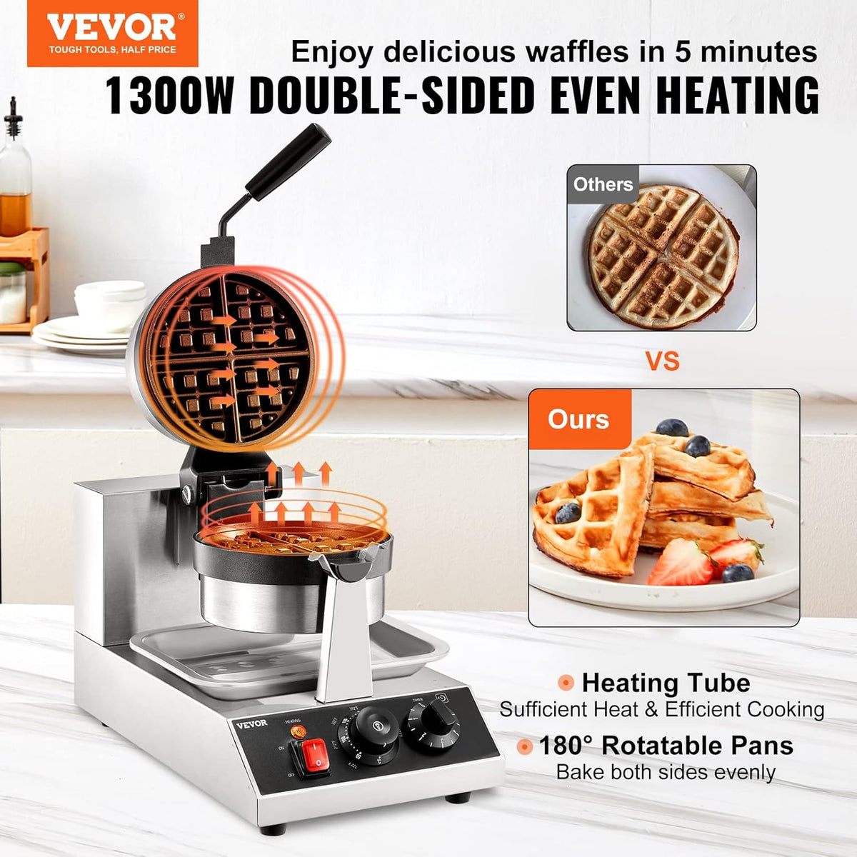 VEVOR Ronde wafelijzer wafel 1300 W, contactgrill Belgisch wafelijzer 4 stuks roestvrij staal wafelautomaat incl. voedselclip & borstels & brandveilig handvat, voor cafés, restaurant enz.