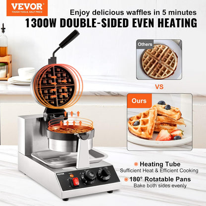 VEVOR Ronde wafelijzer wafel 1300 W, contactgrill Belgisch wafelijzer 4 stuks roestvrij staal wafelautomaat incl. voedselclip & borstels & brandveilig handvat, voor cafés, restaurant enz.