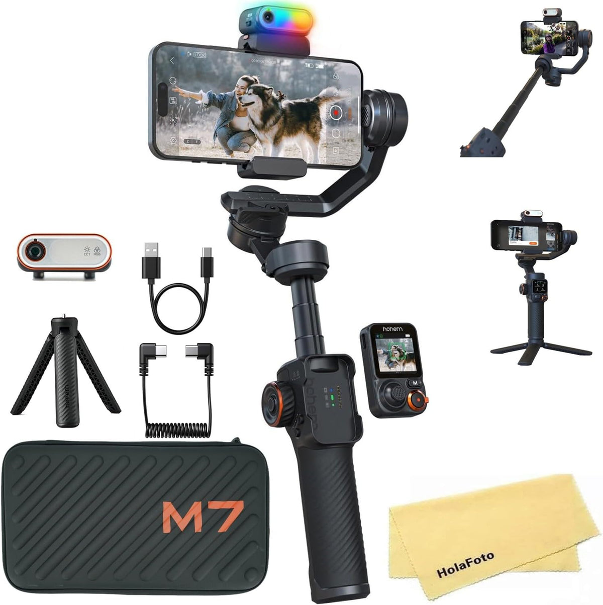hohem iSteady M7 AI Tracking Gimbal Stabilisator voor Smartphone, 3-assige Telefoon Gimbal met Vullicht en 1.4" OLED Afneembare Touchscreen Afstandsbediening, Ingebouwde Verlengstang voor Vlogging