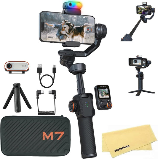 hohem iSteady M7 AI Tracking Gimbal Stabilisator voor Smartphone, 3-assige Telefoon Gimbal met Vullicht en 1.4" OLED Afneembare Touchscreen Afstandsbediening, Ingebouwde Verlengstang voor Vlogging