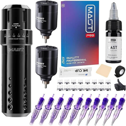Mast Tattoo Machine Kit Flip Wireless Tattoo Pen Rotary Tattoo Gun 7 Strokes Length 2Pcs Batteries interchangeable RCA Jack Tattoo Needles Cartridges for beginners and tattooists
