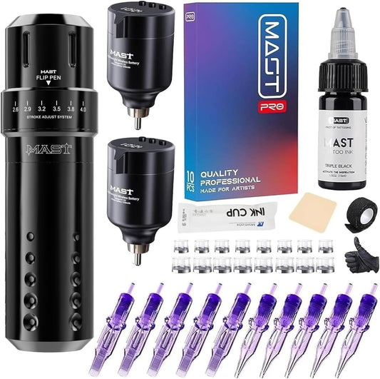 Mast Tattoo Machine Kit Flip Wireless Tattoo Pen Rotary Tattoo Gun 7 Strokes Length 2Pcs Batteries interchangeable RCA Jack Tattoo Needles Cartridges for beginners and tattooists