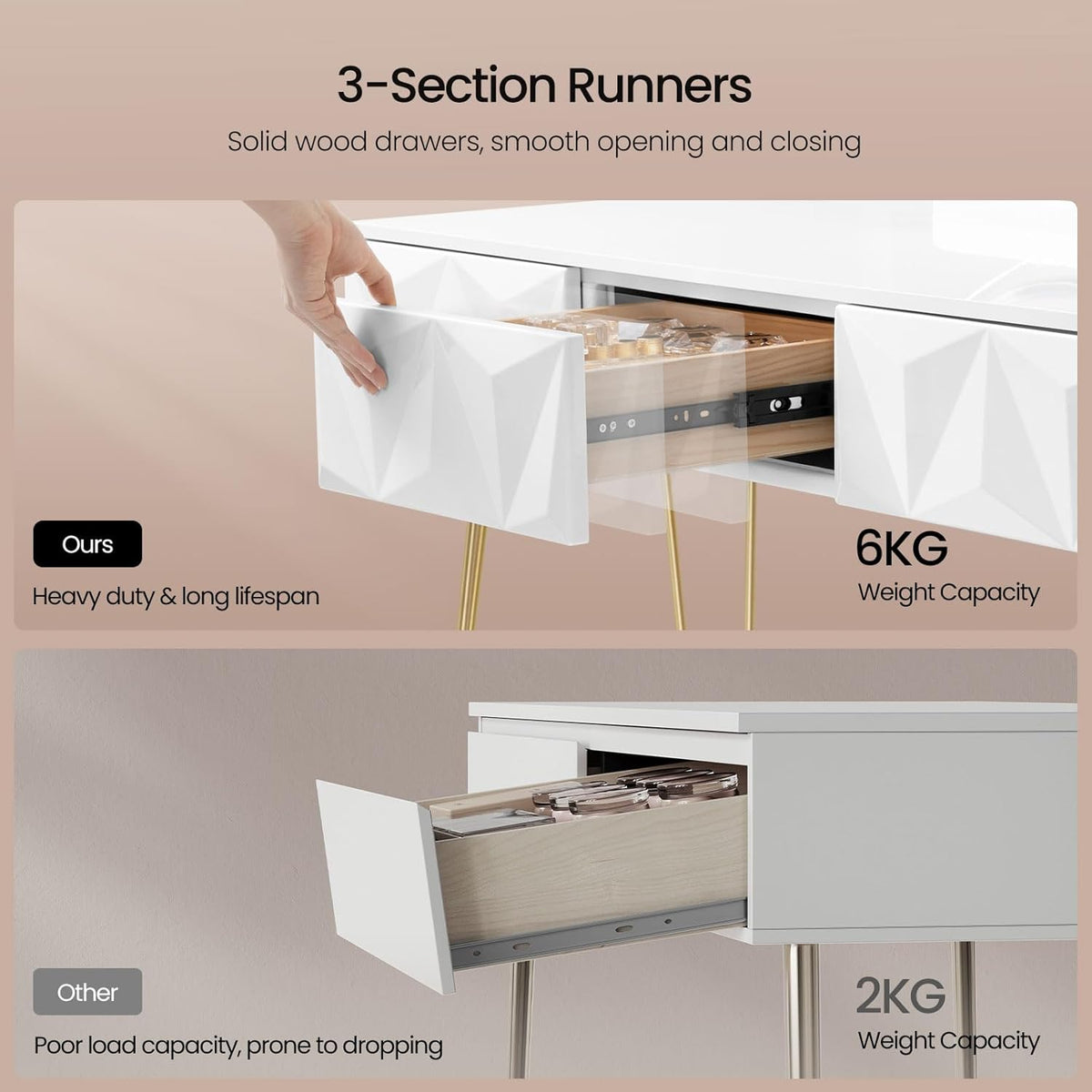 Eugad Dressing Table with Stool and Mirror, 360° Rotatable, Makeup Mirror, Dressing Table with 3 Drawers, Padded Velvet Stool, 3D Effect Drawer, White and Gold - QUORE