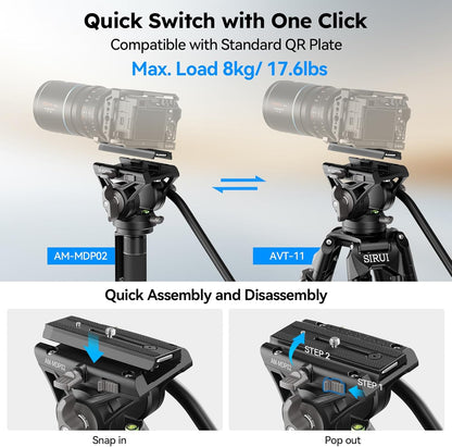Camera monopod met voeten voor DSLR en camcorder – Monopod – Videomonopod – Reismonopod – Statiefbasis – Fluid head met 360° pan en -60°/+90° tilt – Aluminiumlegering, max. 188 cm en 8 kg