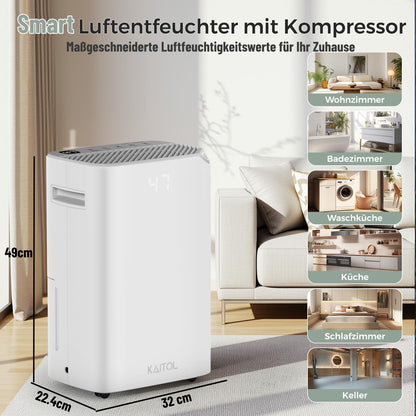 Luchtontvochtiger 25 l/24 uur, afmetingen ruimte ca. 240 m³ (80 m²), geschikt voor app, luchtontvochtiger met digitaal display, timer, ontvochtigen, drogen, slaapmodus, ontdooien, luchtreiniging