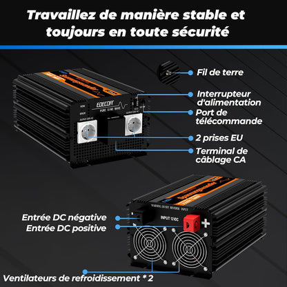 EDECOA 12 V 230 V omvormer, 3500 W/7000 W, 12 V naar 230 V, zuivere sinusgolf, omvormer met wifi-module, ondersteuning voor app-functies met 1 USB-poort en 1 PD-aansluiting