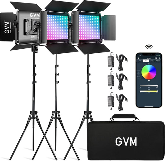 GVM LED videolichtpaneelset, 60W LED video verlichting met standaard, 3200K~5600K APP-bediening LED studiolicht continu licht voor video YouTube streaming licht fotografiestudioset, LED videolichtset
