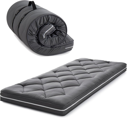 Enkele oprolbare vloermatras, traagschuim, opvouwbare bedmatrastopper, machinewasbare hoes, slaapkussen, draagbaar (190 x 97 x 10 cm) grijs