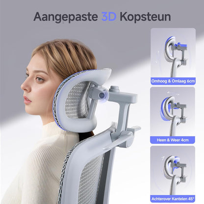 Ergonomische Bureaustoel met Voetensteun - 5-Zones Verstelbare Rugleuning, 2D Lendensteun, 3D Arm-/Hoofdsteun, 145° Kantelfunctie + Ademend Net voor Kantoor/Thuiswerk/Studie, Grijs