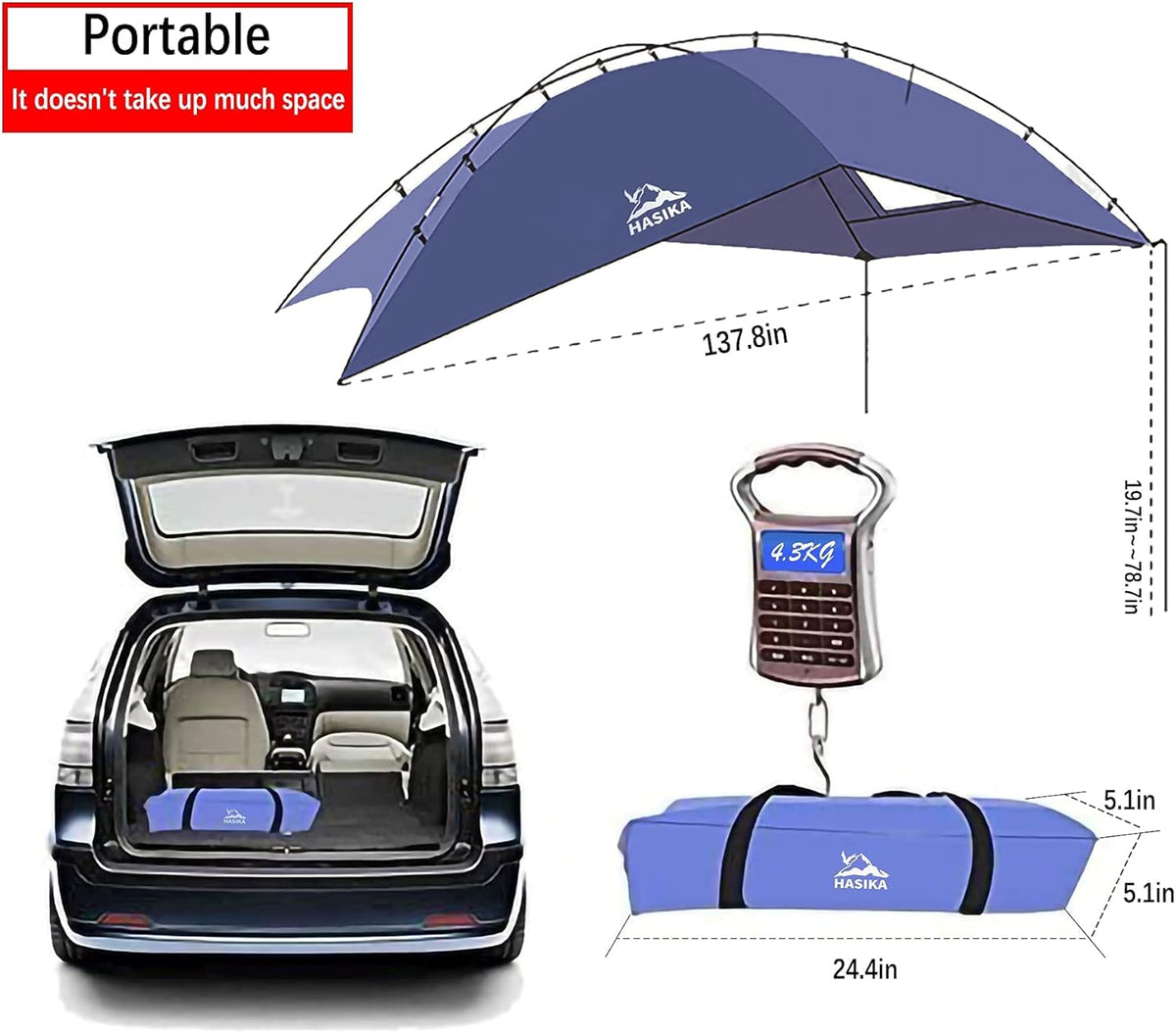 Hasika Awning Camper Trailer Roof Top Family Tent for Beach Camping SUV, MPV, Hatchback en Sedan UV-bescherming Tents voor camping 6 personen van