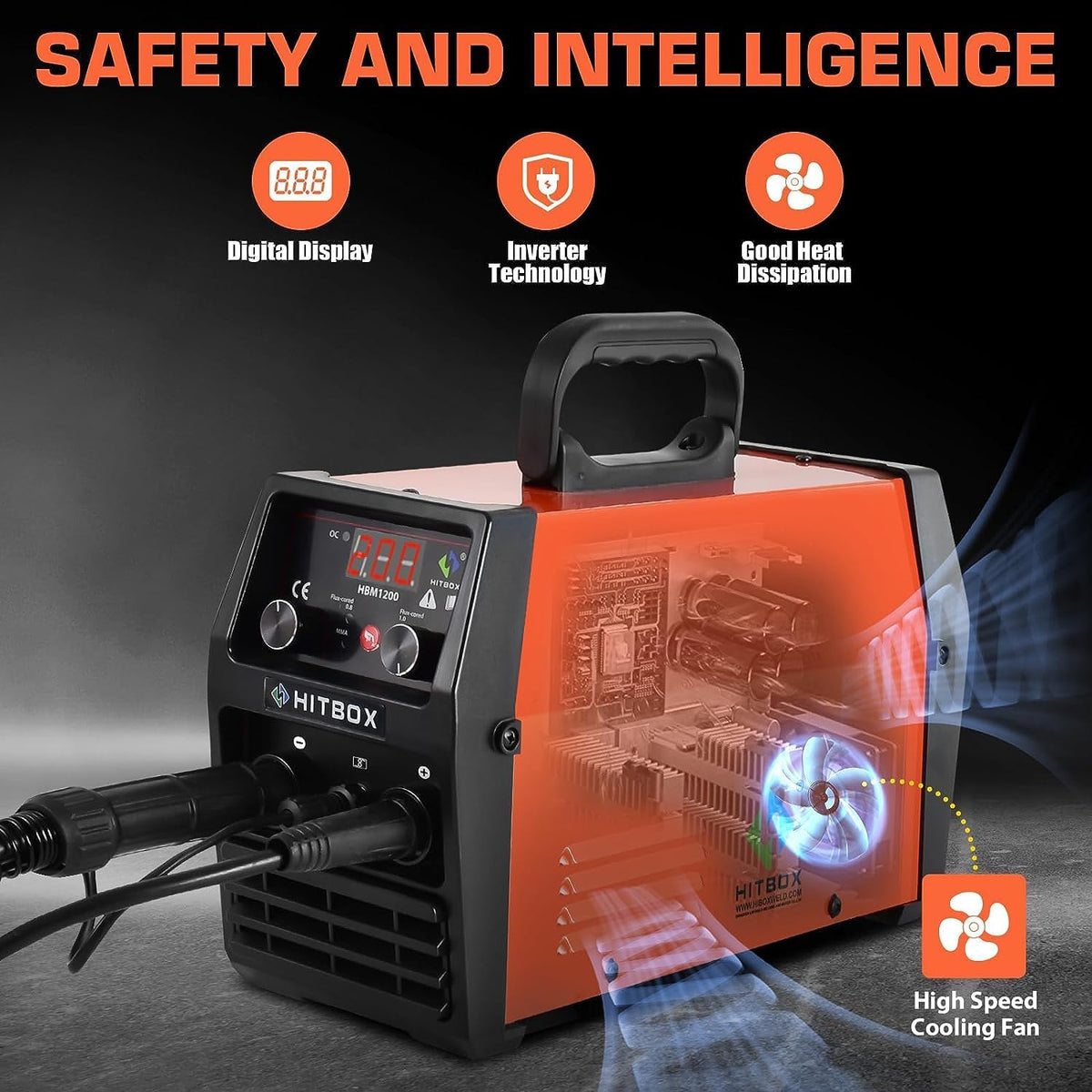 HITBOX 200A Gasloze MIG Lasser, 3-in-1 Flux Core Lasser MIG/ARC/Lift TIG, Draagbare 230V IGBT Inverter Lasmachine met Laskap & 0,8mm Draad, Perfect voor Beginners (HBM1200)