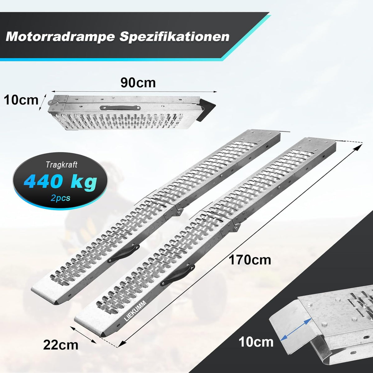 LIEKUMM 2 x inklapbare oprijplaten, 170 cm stalen oprijplaat voor aanhanger, 440 kg draagkracht, oprijplaat voor motorfiets, grasmaaier, grasmaaier, grasmaaier, auto, laadhelling