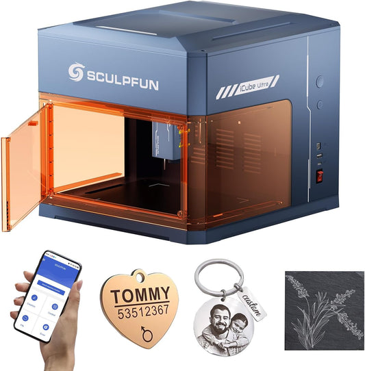 SCULPFUN iCube Ultra Lasergraveermachine, 12 W, mini-lasergraveermachine, APP Sculpfun lasermachine volledig gesloten, lasersnijder van hout met rookfilter, werkbereik 150 x 150 mm