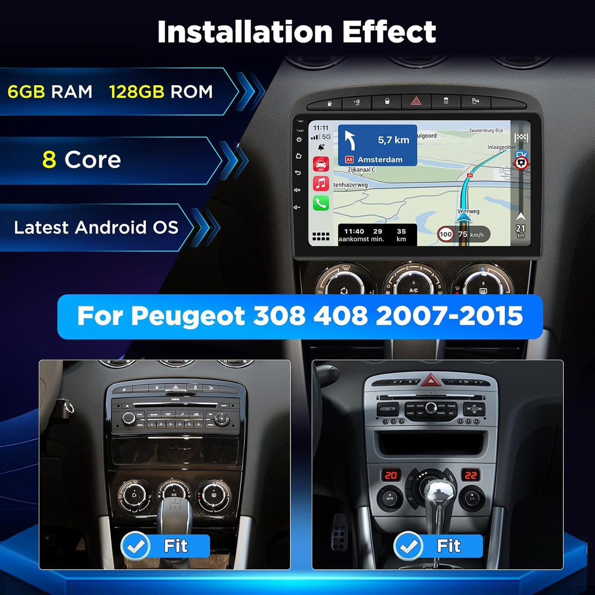 8 Core 6+128GB Autoradio voor Peugeot 308 408 2007–2015, Android Touchscreen Radio met Draadloze CarPlay, GPS WiFi DSP HiFi, Plug & Play Upgrade + Achteruitrijcamera