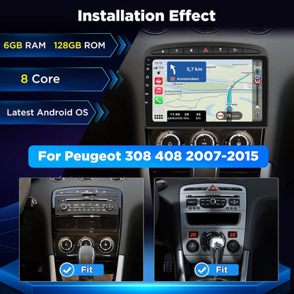 8 Core 6+128GB Autoradio voor Peugeot 308 408 2007–2015, Android Touchscreen Radio met Draadloze CarPlay, GPS WiFi DSP HiFi, Plug & Play Upgrade + Achteruitrijcamera