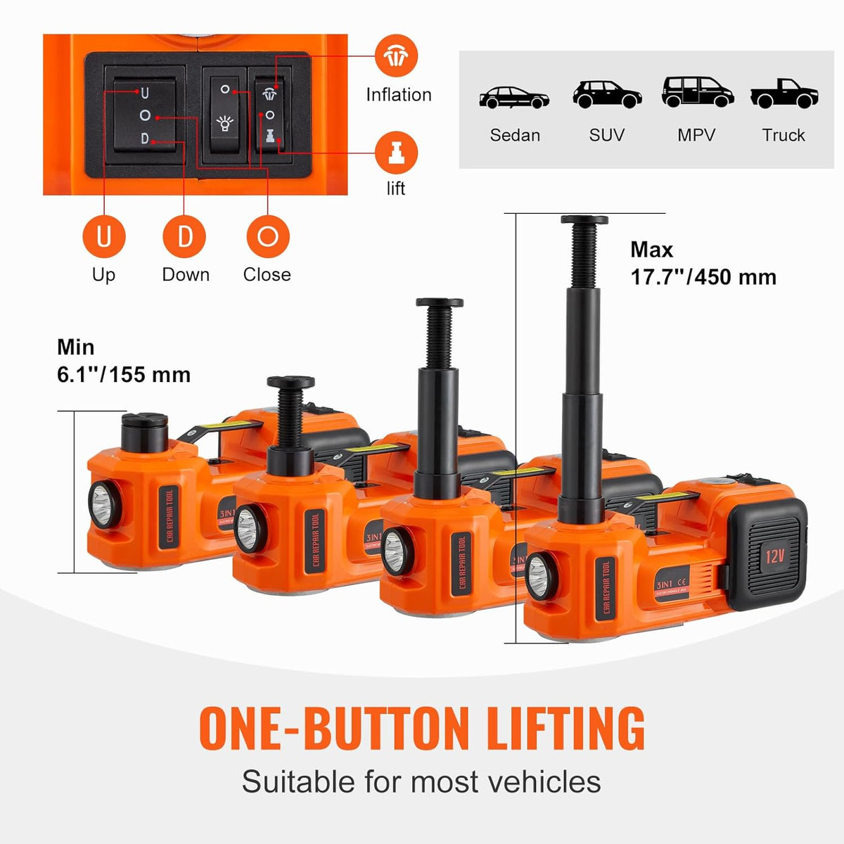 VEVOR 5T 12V DC elektrische hydraulische auto krik automatische lift 155-450 mm heffen Jack met slagmoersleutel LED Lamp Tyre Inflator voor langs de weg band wisselaar SUV Hatchback
