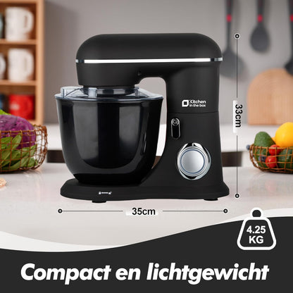 Kitchen in the Box Keukenmachine, 1300W, 10 snelheden, 4.5L + 5L mengkommen, elektrische standmixer met garde, klopper en deeghaak (Zwart, 4.5L)
