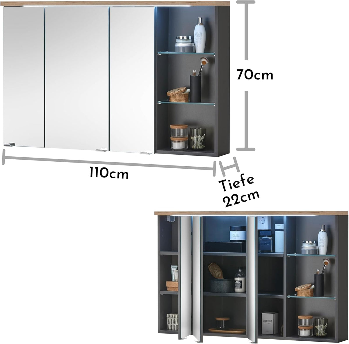 Spiegelkastje – Badkamerspiegelkast – Spiegelkast – Spiegelschrank – Badkamerspiegel – LED Verlichting – Artisan Eikenlook – 110 x 70 x 22 cm – Veel Opbergruimte