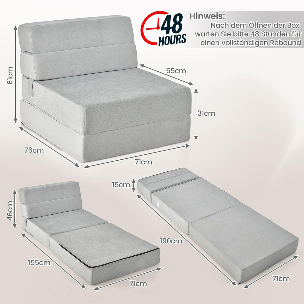 FANTASK 3-in-1 inklapbare slaapbank, klapmatras, schuimrubber, extra dik (15 cm), bankbed, vloermat, vouwmatras, gastenmatras met afneembare en wasbare overtrek, 190 x 71 x 15 cm, grijs