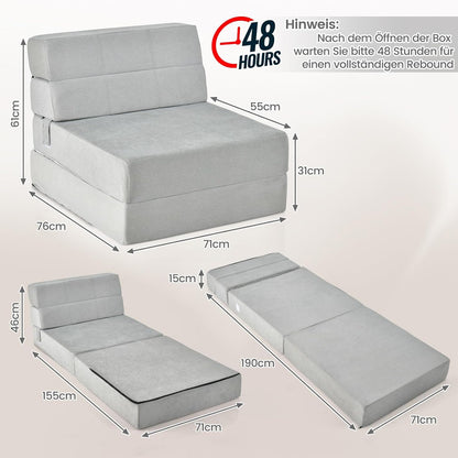 FANTASK 3-in-1 inklapbare slaapbank, klapmatras, schuimrubber, extra dik (15 cm), bankbed, vloermat, vouwmatras, gastenmatras met afneembare en wasbare overtrek, 190 x 71 x 15 cm, grijs