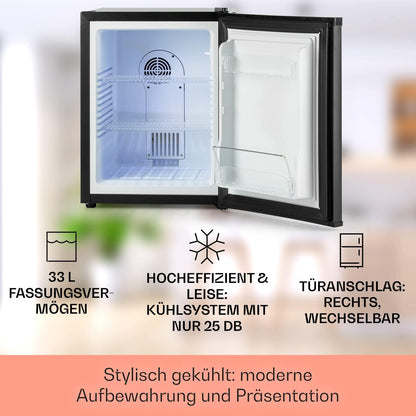 Minikoelkast – Minibar – Drankkoeler – Koelkastje – Kleine Koelkast – 32 Liter – Fluisterstil 33 dB – LED Binnenverlichting – 5-Traps Temperatuurregeling – Zwarte Decoratieve Deur
