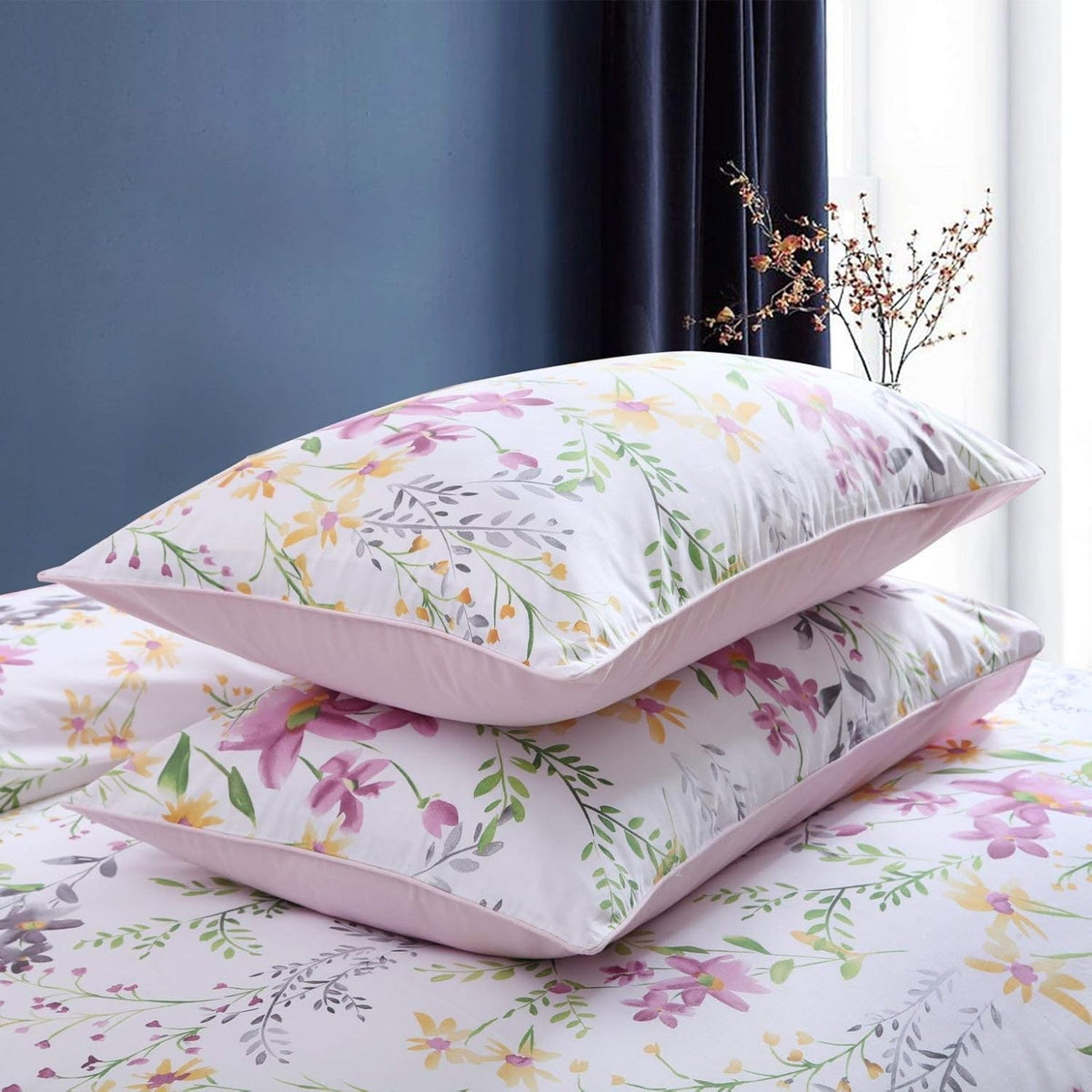 Brandream Garden Style Floral Dekbedovertrek Queen Size Set Roze Grijs Groene Takken Bloem Blad Print Dekbedovertrek Beddengoed Set Omkeerbaar Paars Beddengoed Collectie 1 Dekbedovertrek met 2