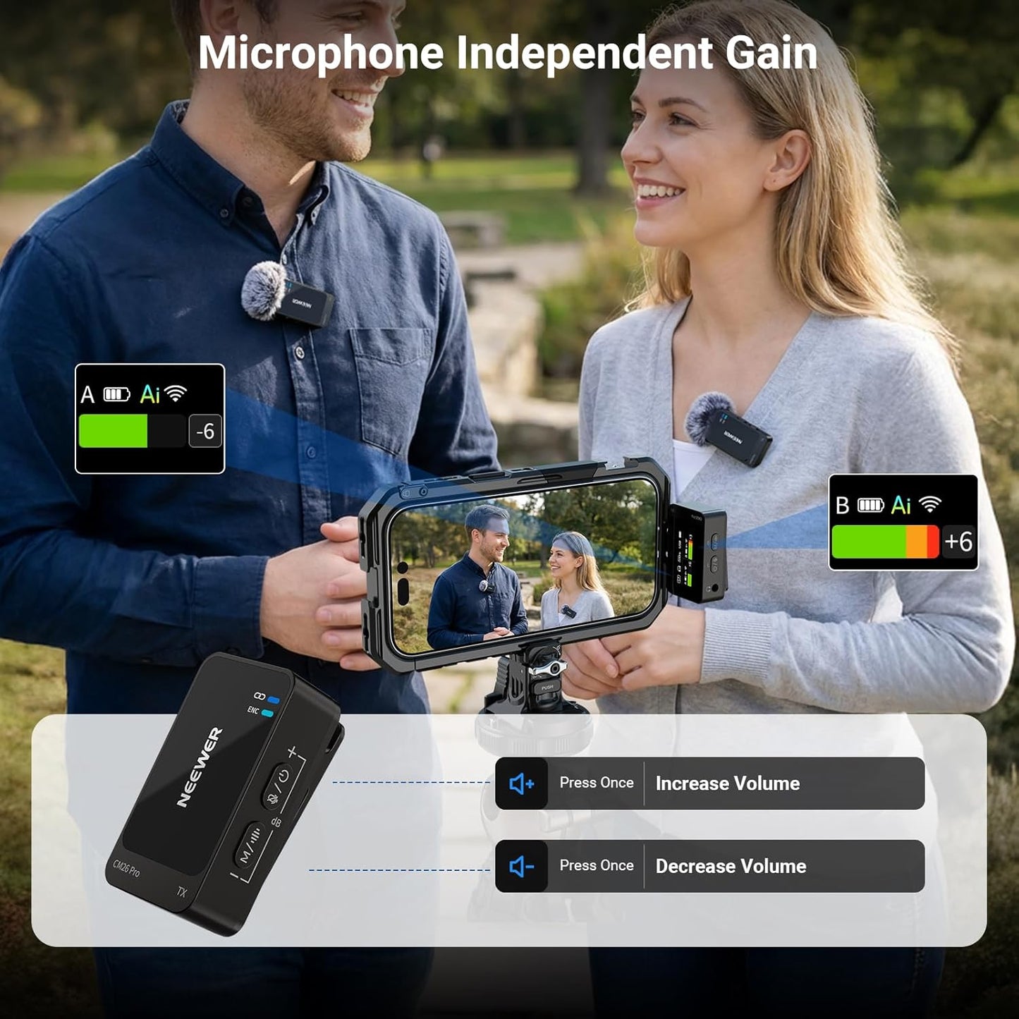 NEEWER CM26 Pro AI Draadloze Microfoon Compatibel met iPhone Android Telefoon Camera PC, Lavalier Revers Mic DSP/MCU Ruisonderdrukking Mute Gain Low Cut 48KHz/24Bit 88dB SNR 50H Batterij 100 m Bereik