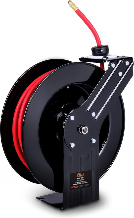 SuperHandy luchtslanghaspel Intrekbaar Industrieel 3/8 "x15m Lang Premium Commerciële Flex Hybride Polymeer Slang Veeraangedreven stalen constructie Ultra Heavy Duty voor gebruik binnen en buiten